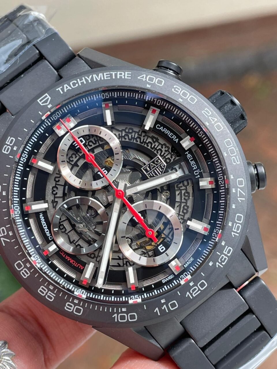 Calibre Heuer 01 Chrono 43mm Ceramic XF 1:1 Best Edition Black Skeleton Dial on Black Ceramic Strap A1887 - Image 4