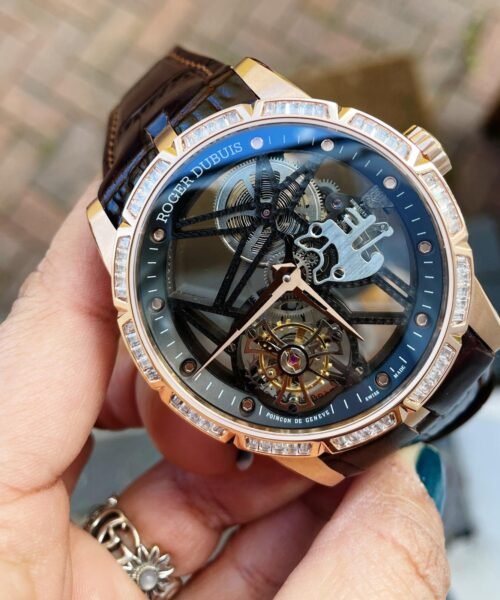 EXCALIBUR RDDBEX0393 RG CRYSTALS BEZEL BBR BEST EDITION SKELETON DIAL ON BROWN LEATHER STRAP A2136 TOURBILLON V2
