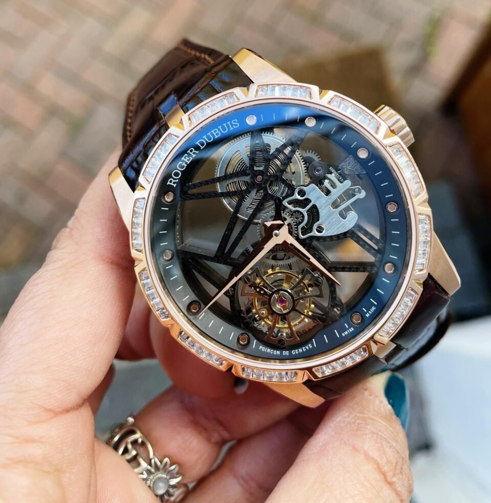 EXCALIBUR RDDBEX0393 RG CRYSTALS BEZEL BBR BEST EDITION SKELETON DIAL ON BROWN LEATHER STRAP A2136 TOURBILLON V2