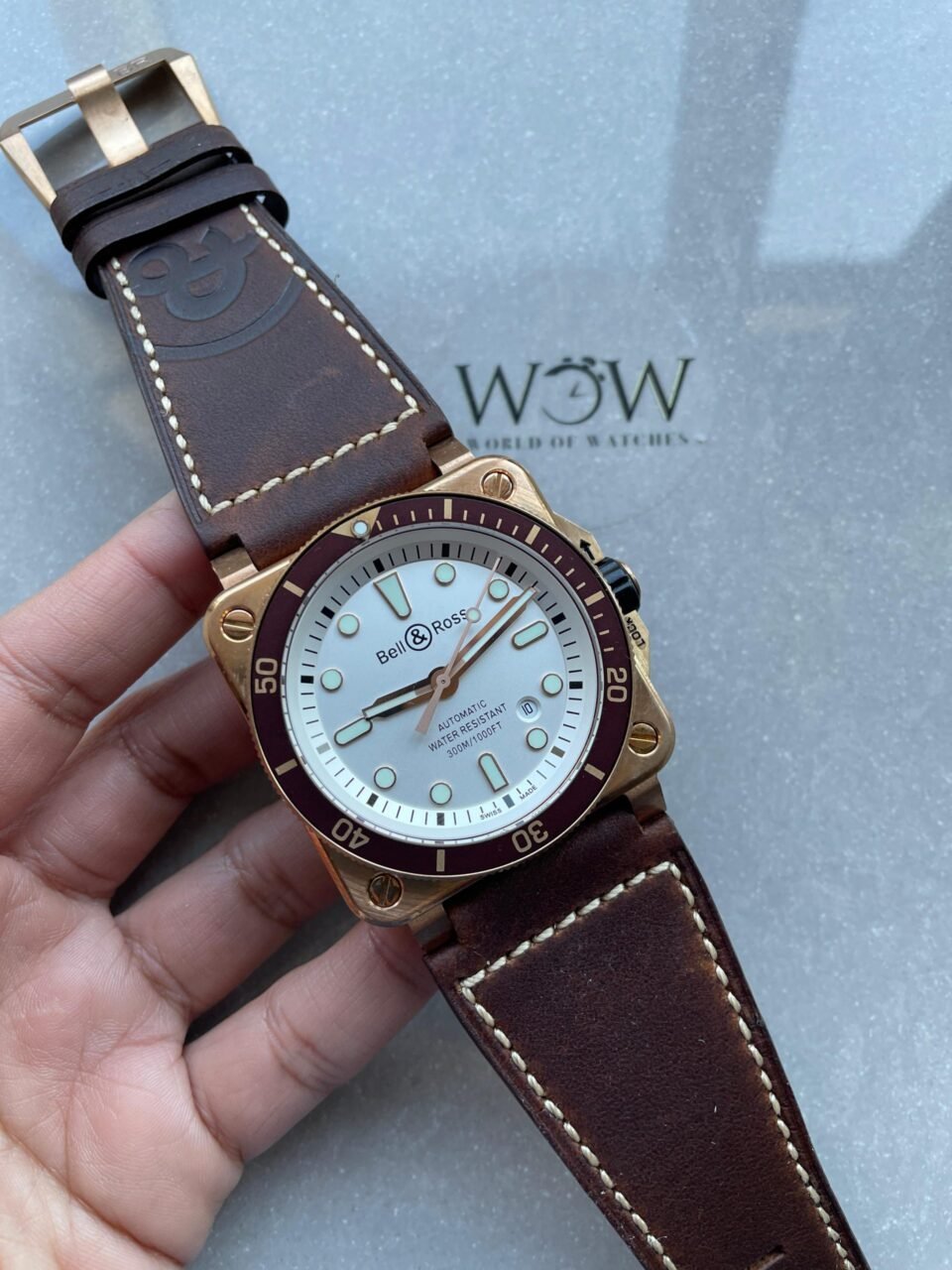 BR03-92 Diver 42mm Bronze BRF White Dial on Leather Strap A2824
