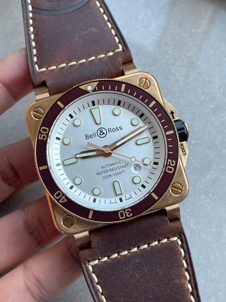 BR03-92 Diver 42mm Bronze BRF White Dial on Leather Strap A2824 - Image 2