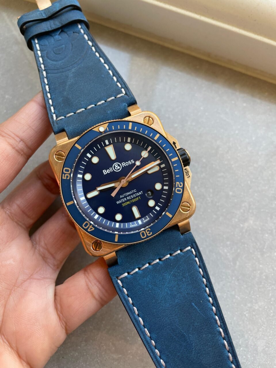 BR03-92 Diver 42mm Bronze BR Blue Dial on Blue Leather Strap A2824