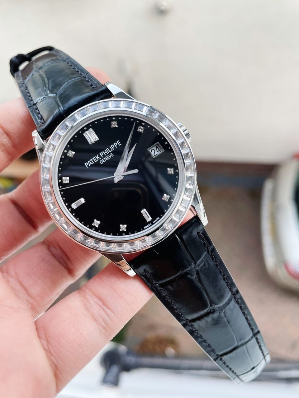 Calatrava ZF 5298p Date Sweep Seconds in Diamond Bezel Black Dial ZF factory