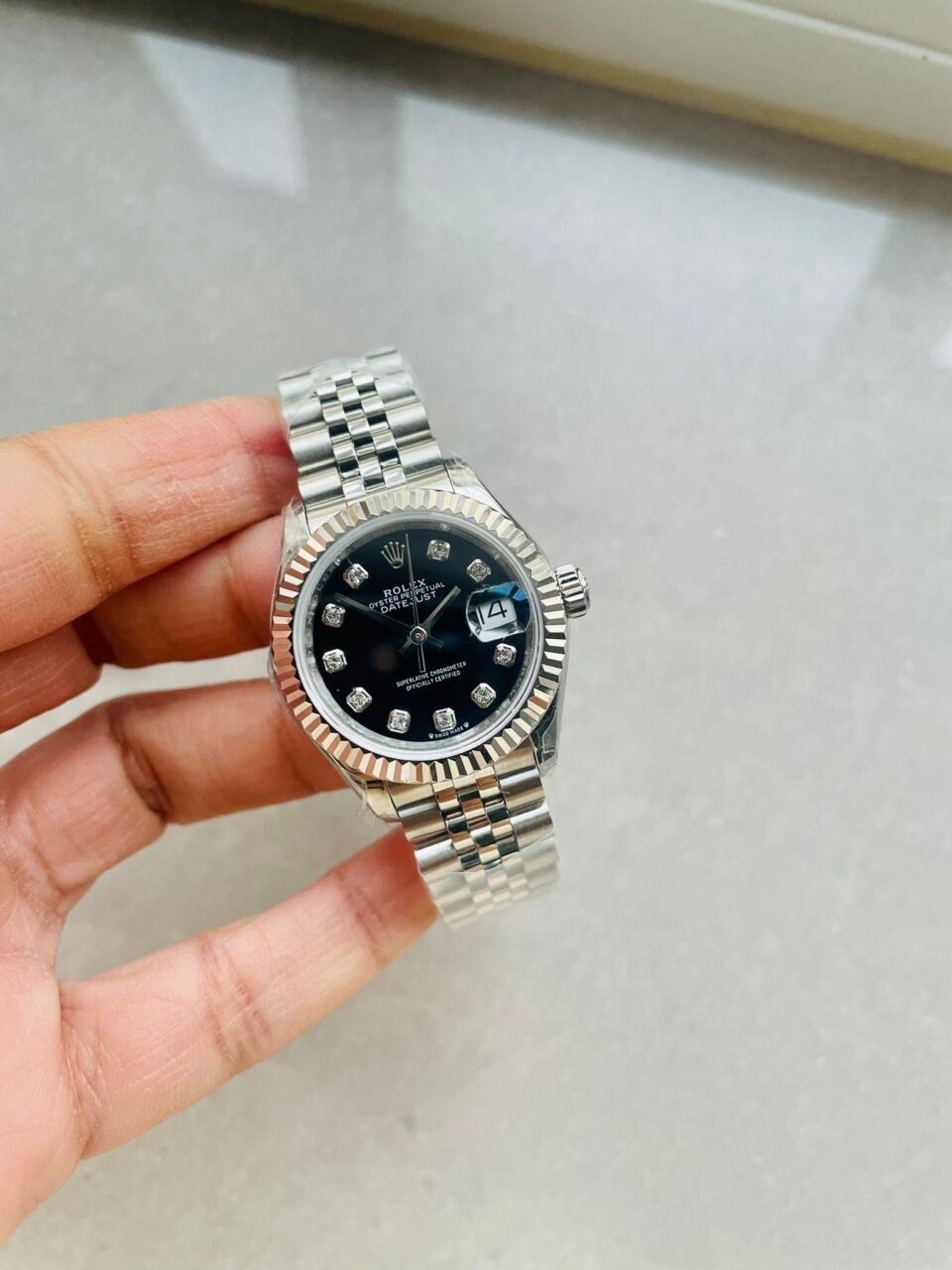 Datejust 28mm 904L SS Black Dial Diamond markers on SS Jubliee Bracelet - Image 3
