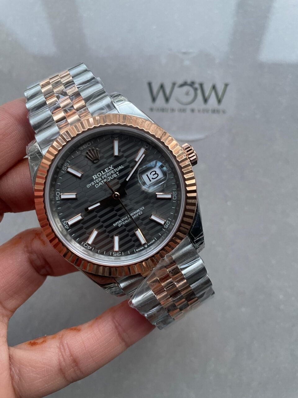 Datejust 41mm 126331 904L RG/SS Fltued Bezel Pattern Motif Grey Dial Stick on RG/SS Jubilee Bracelet VSF VS3235