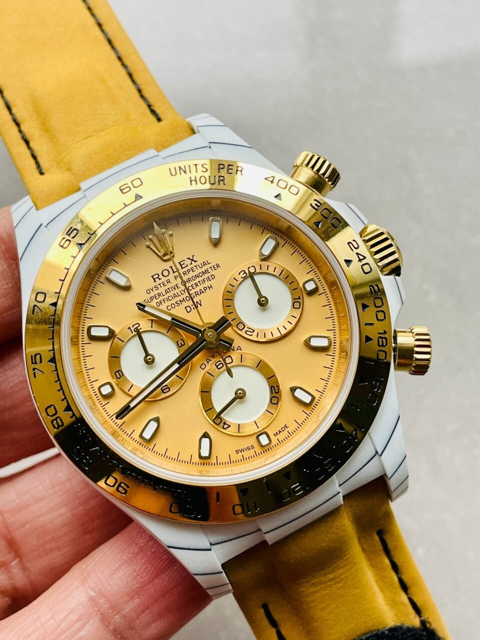Daytona DIW White Carbon/YG DIWF Best Edition Gold Dial on Black Nylon Strap A7750 - Image 3