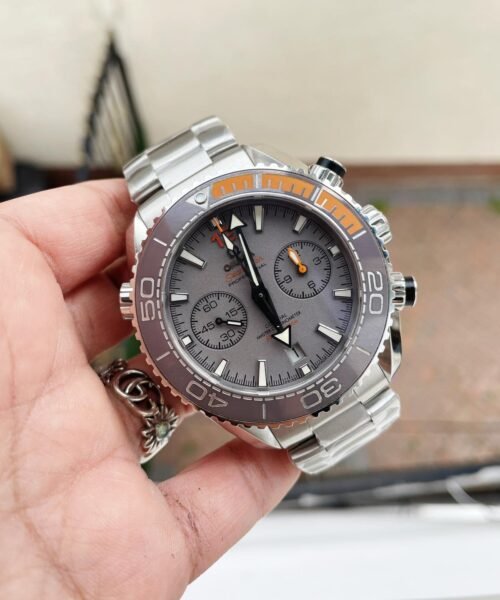 Planet Ocean SEAMASTER Chronometer OMF SS Grey/Orange Polished Bezel Grey Dial on SS Bracelet A9900 (Black Balance Wheel)