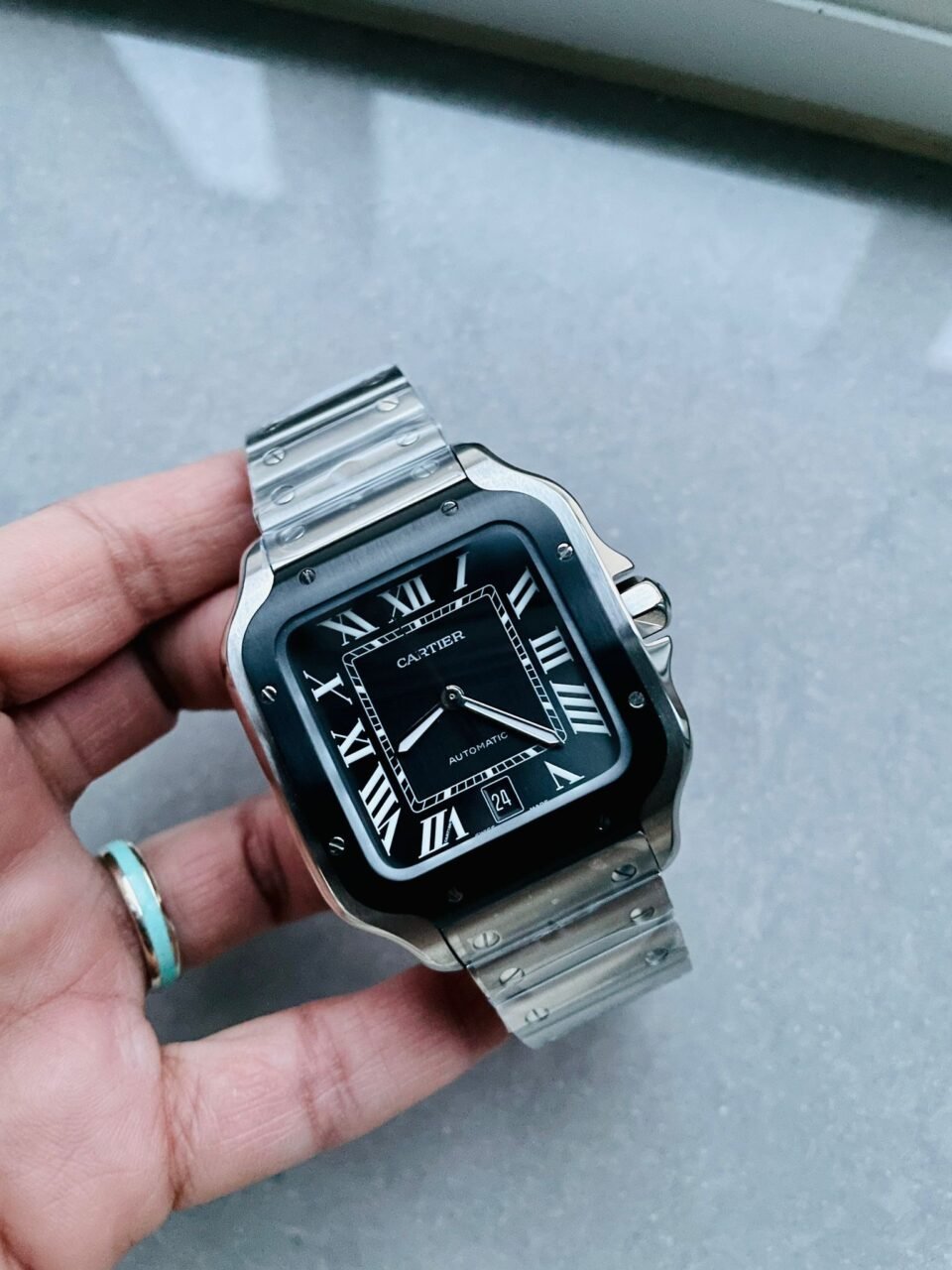 Santos de Cartier 40mm SS GF 1:1 Best Edition Gray Dial Black Bezel on SS Bracelet MIYOTA 9015 - Image 2