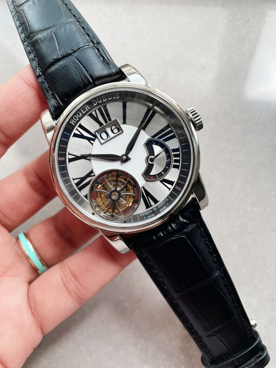 RB HOMMAGE TOURBILLON RDDBHO0558 WHITE DIAL ON BLACK LEATHER STRAP.