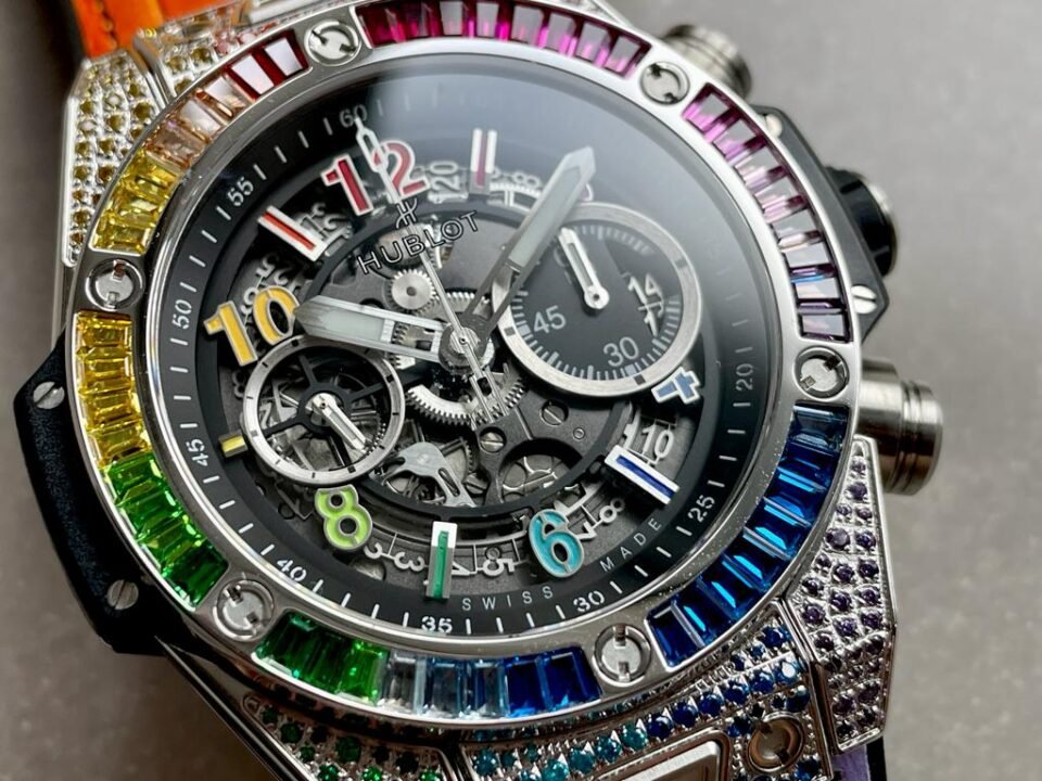 Big Bang Unico Titanium Rainbow SS/Diam Diam Bezel Black Skeletonal Dial on Rubber Strap ZF A1280 - Image 12