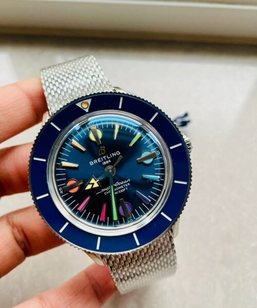 SuperOcean Heritage 57 SS/Black Ceramic Bezel GF 1:1 Blue Dial Colors Markers on SS Mesh Bracelet A2824