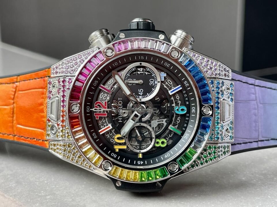 Big Bang Unico Titanium Rainbow SS/Diam Diam Bezel Black Skeletonal Dial on Rubber Strap ZF A1280 - Image 10