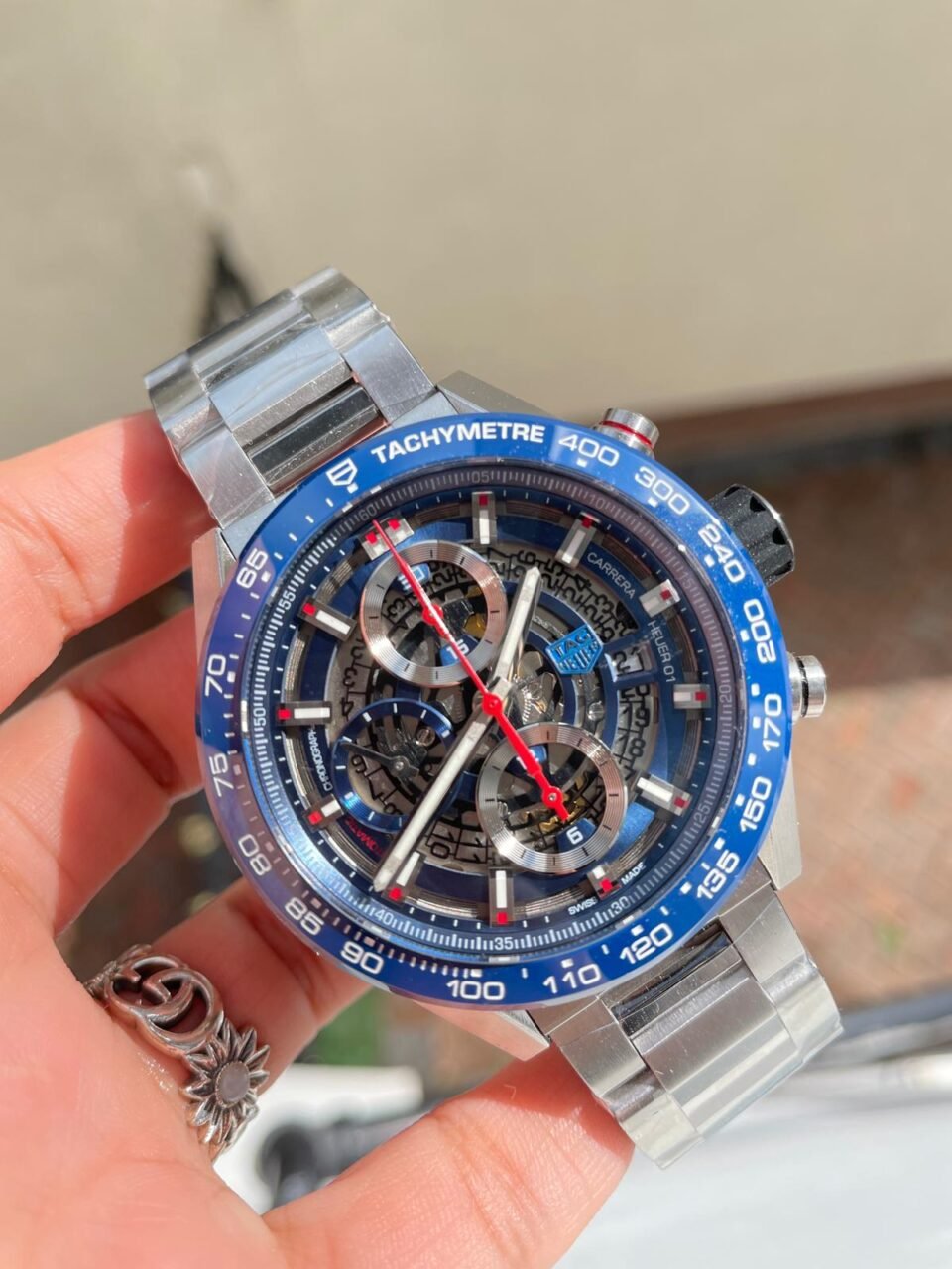 Calibre Heuer 01 Chrono 43mm Ceramic XF 1:1 Best Edition Skeleton Blue Dial on stainless steel strap A1887