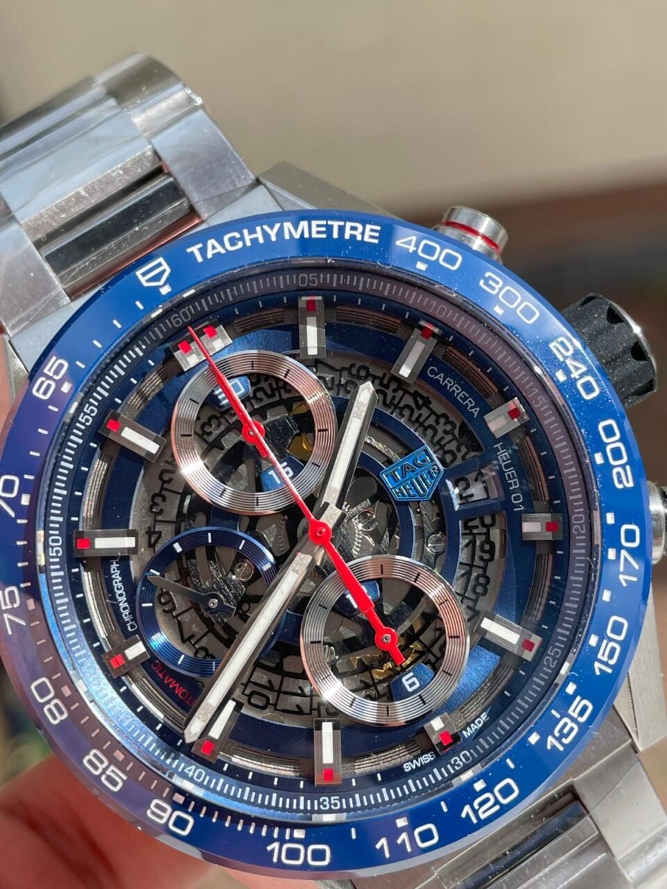Calibre Heuer 01 Chrono 43mm Ceramic XF 1:1 Best Edition Skeleton Blue Dial on stainless steel strap A1887 - Image 2