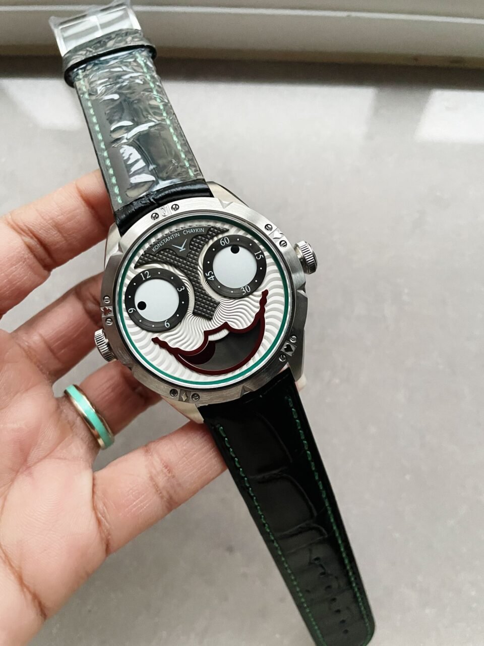 Konstantin Chaykin Joker SS TWF Best Edition White Dial Green Inner Bezel on Black Leather Strap NH35A - Image 4