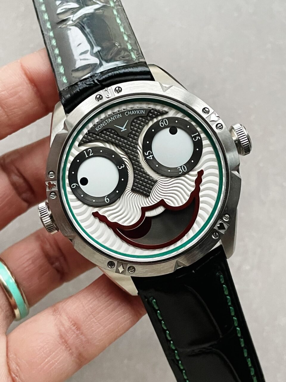 Konstantin Chaykin Joker SS TWF Best Edition White Dial Green Inner Bezel on Black Leather Strap NH35A - Image 5
