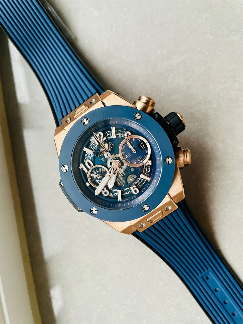 Hublot Big Bang Unico Rose Gold ZF 1:1 Best Blue Skeleton Dial on Rubber Strap A1280 - Image 8