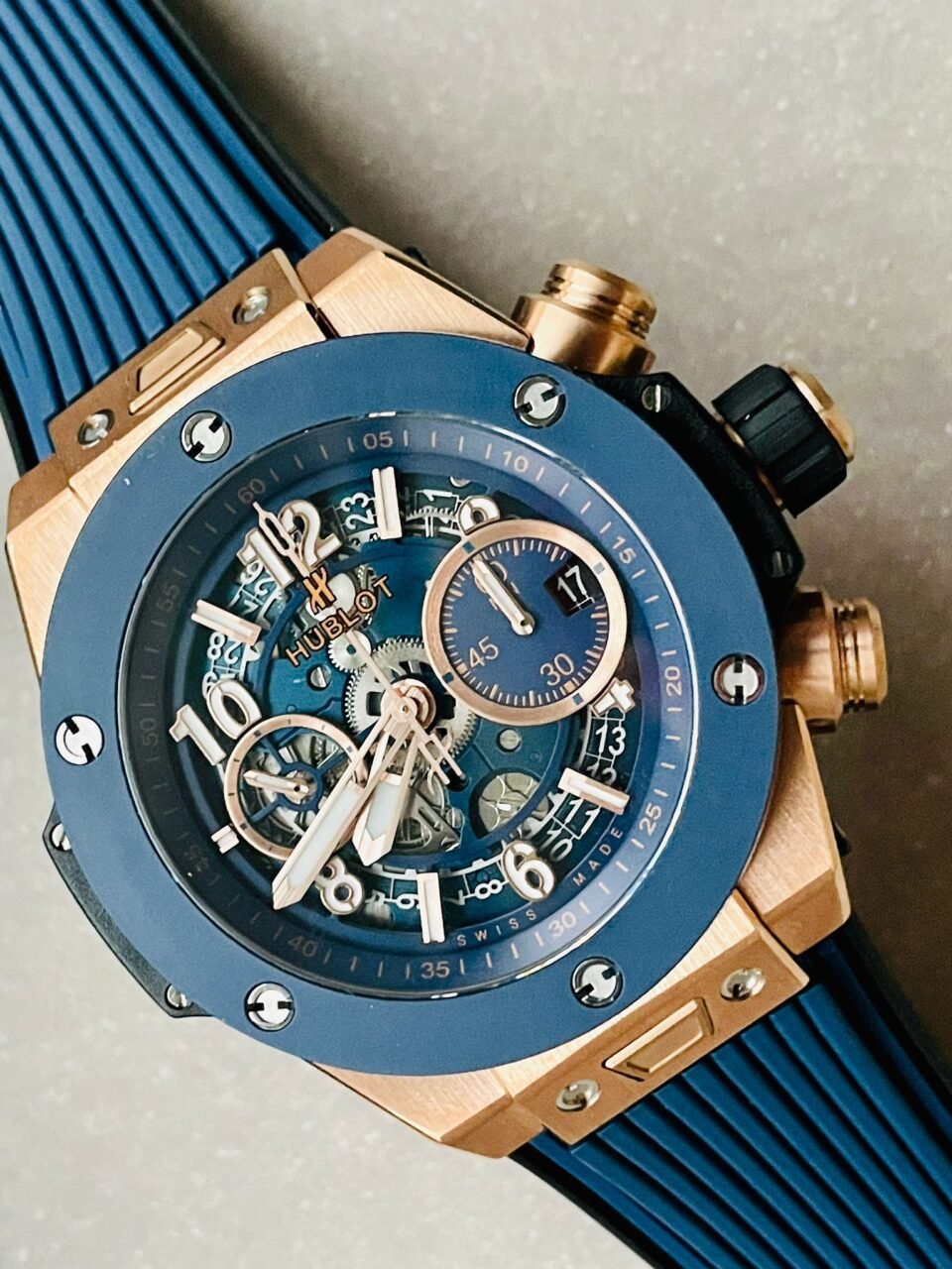 Hublot Big Bang Unico Rose Gold ZF 1:1 Best Blue Skeleton Dial on Rubber Strap A1280 - Image 5