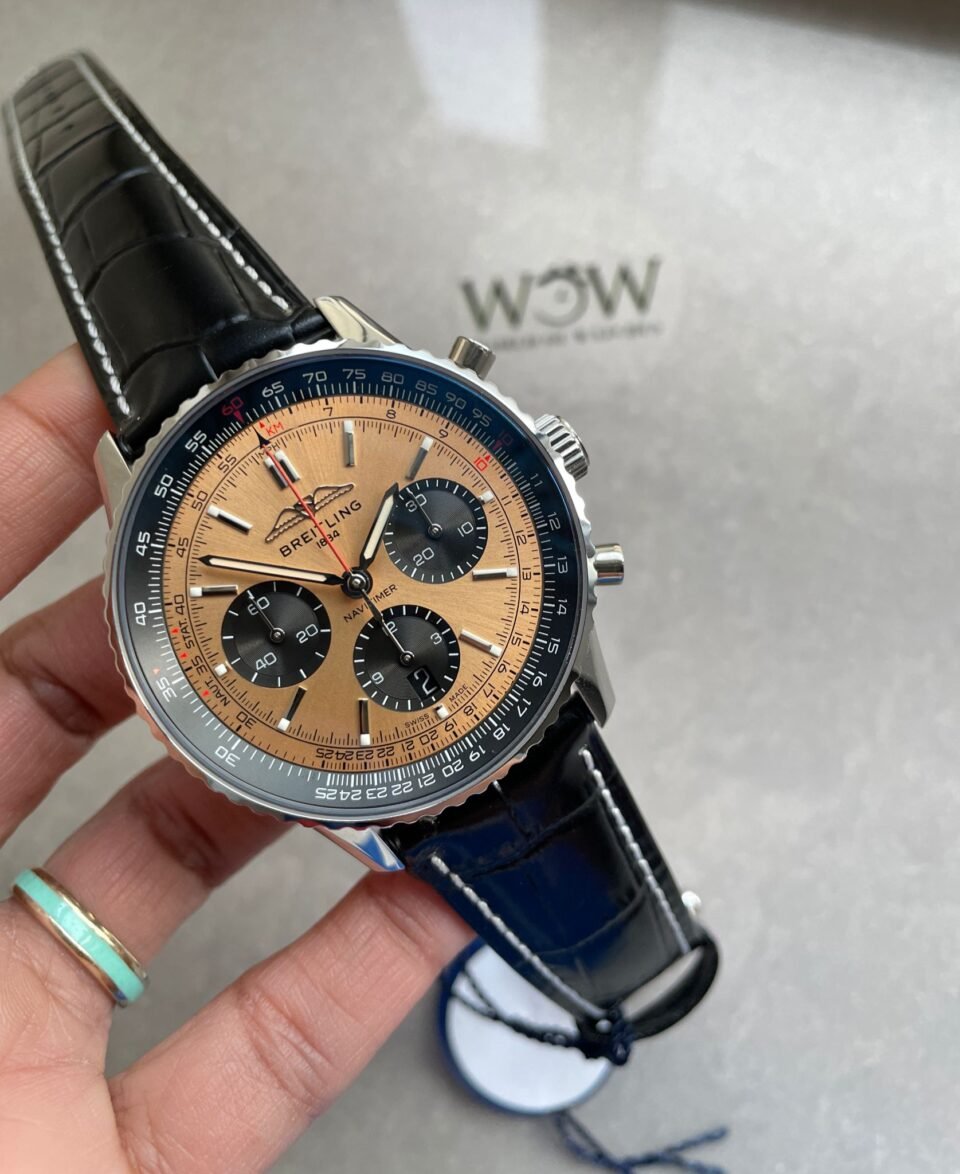 Navitimer 01 1:1 SS salmon Dial on Brown leather Strap A7750 BLS Factory