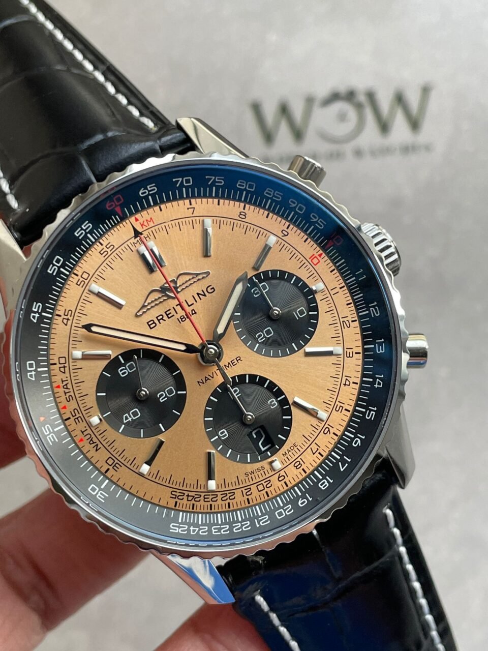 Navitimer 01 1:1 SS salmon Dial on Brown leather Strap A7750 BLS Factory - Image 2