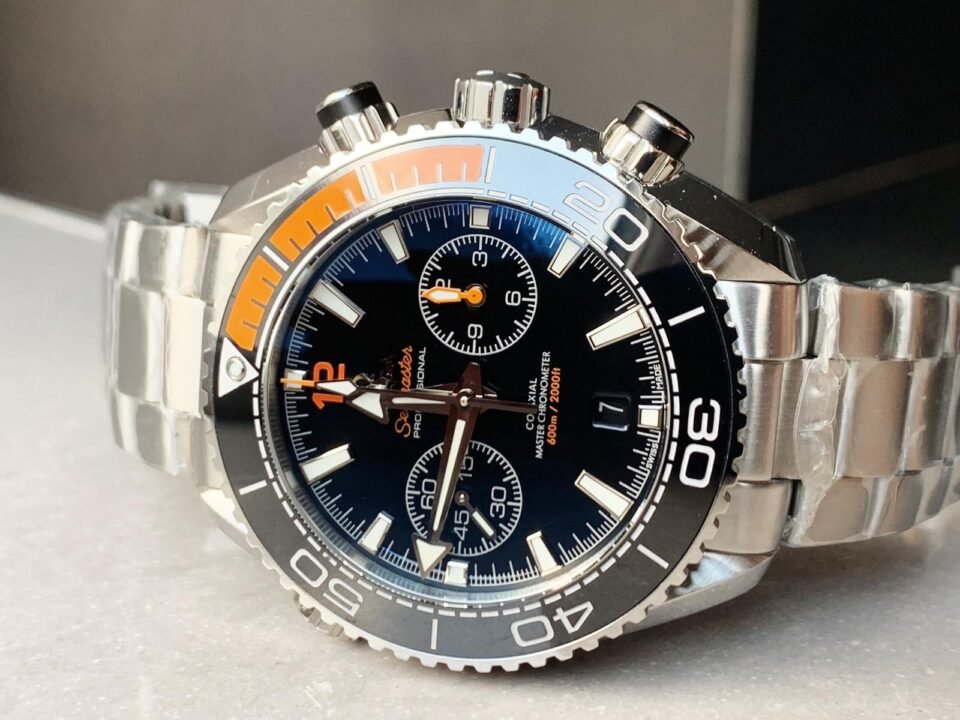 Planet Ocean SeaMaster Chronometer OMF SS Black/Orange Polished Bezel Black Dial on SS Bracelet A9900 (Black Balance Wheel) - Image 3