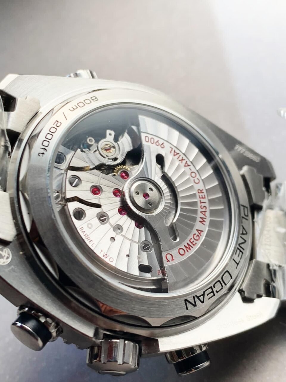 Planet Ocean SeaMaster Chronometer OMF SS Black/Orange Polished Bezel Black Dial on SS Bracelet A9900 (Black Balance Wheel) - Image 7