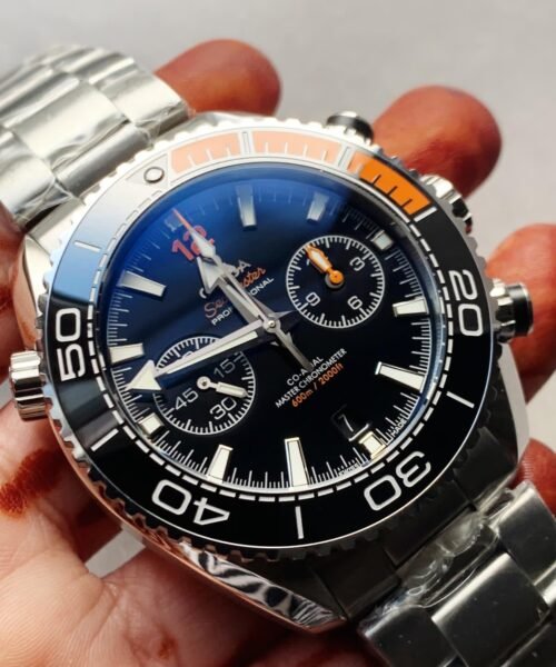 Planet Ocean SeaMaster Chronometer OMF SS Black/Orange Polished Bezel Black Dial on SS Bracelet A9900 (Black Balance Wheel)