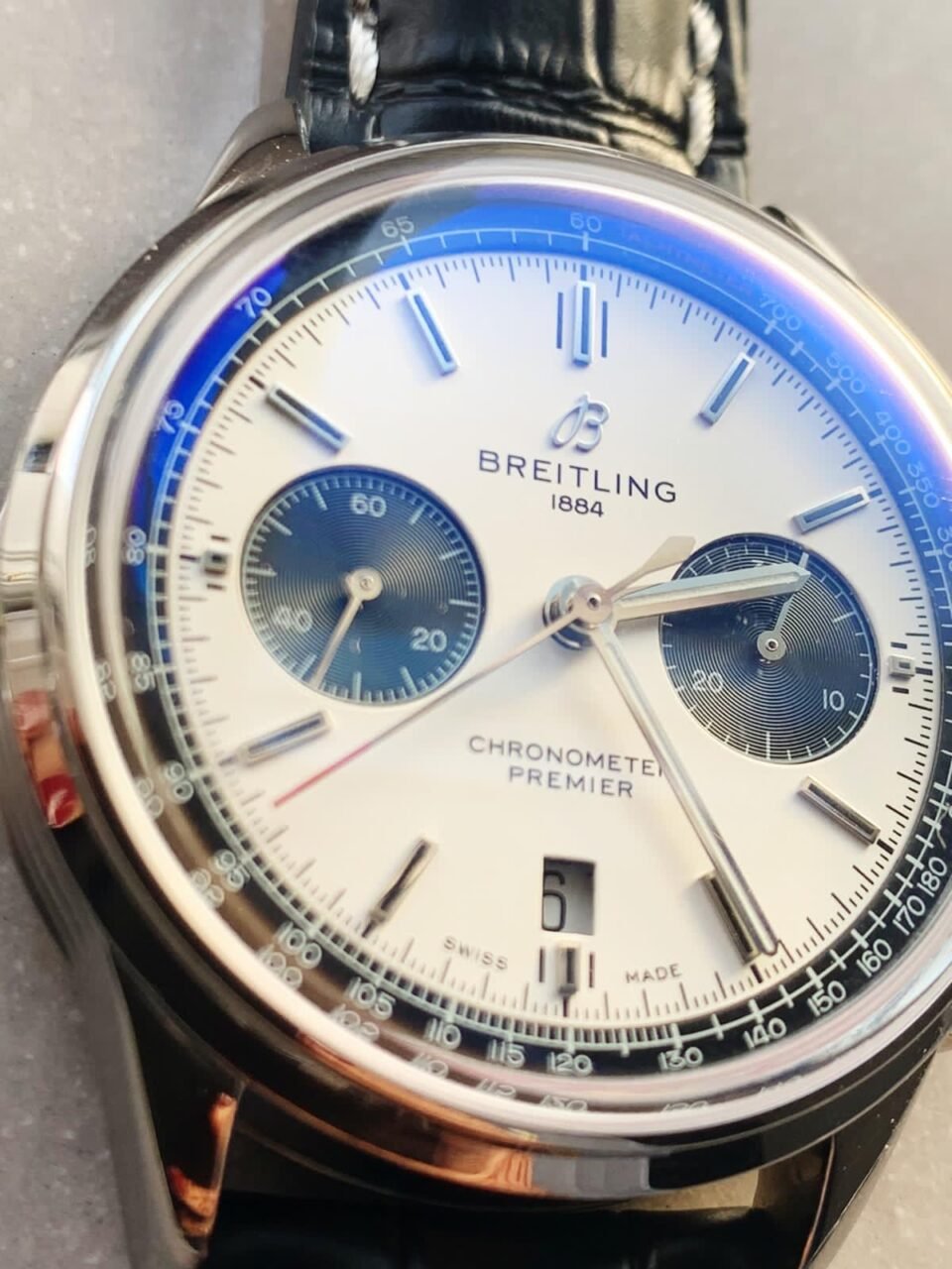 Premier B01 Chrono SS 42mm GF 1:1 Best Edition White/Black Dial on Black Leather Strap A7750 - Image 2