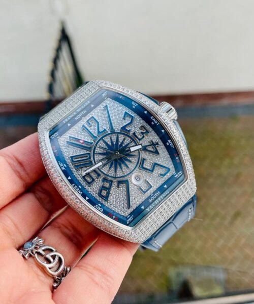 Vanguard V45 Full Paved Diamonds ZF 1：1 Best Edition Blue Textured Crystal Markers Dial on Blue Gummy Strap MIYOTA 9015
