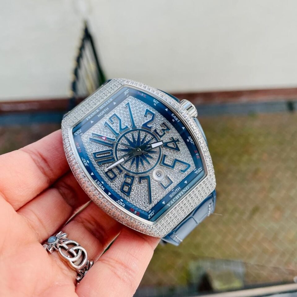 Vanguard V45 Full Paved Diamonds ZF 1：1 Best Edition Blue Textured Crystal Markers Dial on Blue Gummy Strap MIYOTA 9015