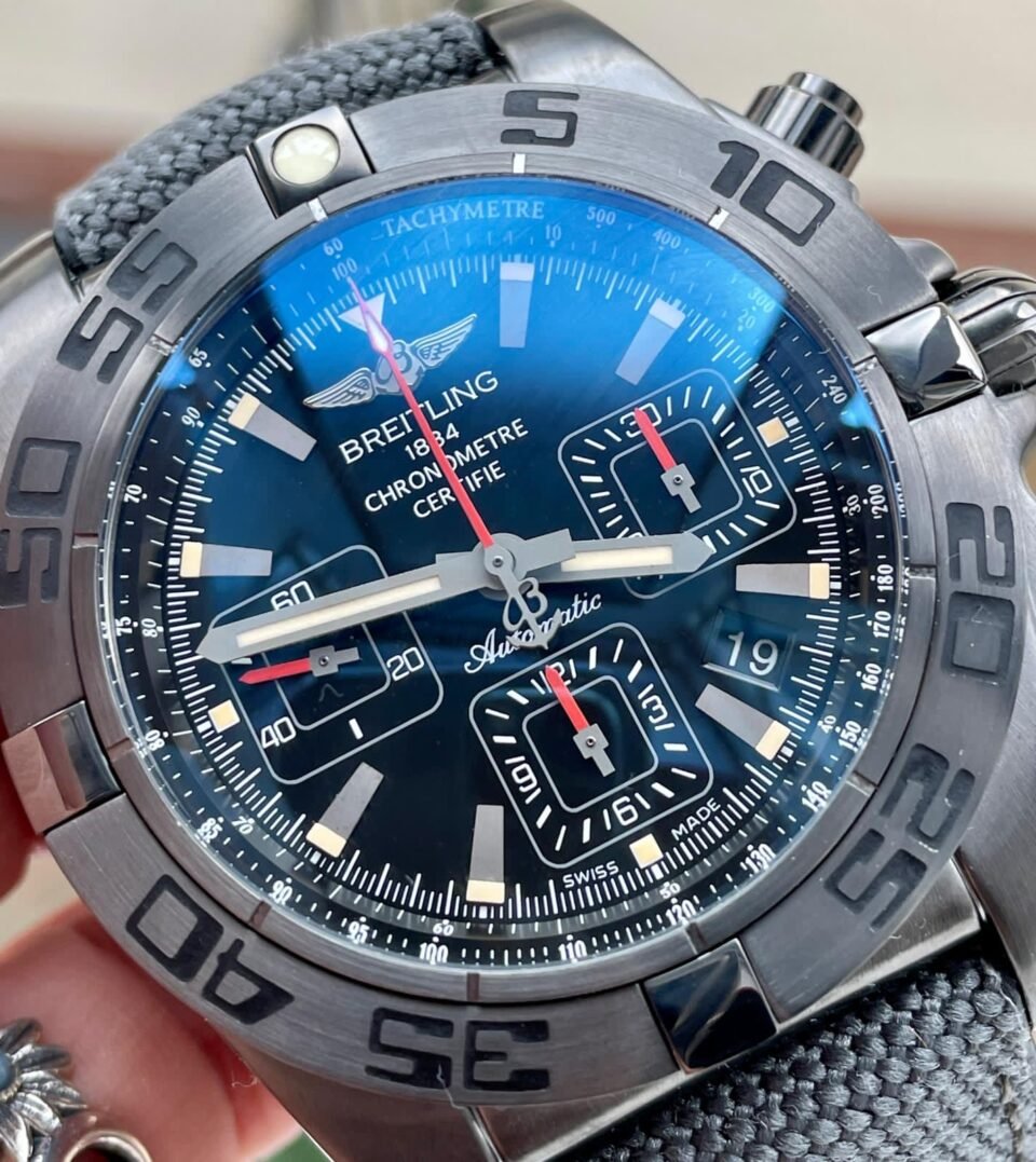 Chronomat 44mm Blacksteel GF 1:1 Special Edition Black Dial on Black Rubber Strap A7750 - Image 2