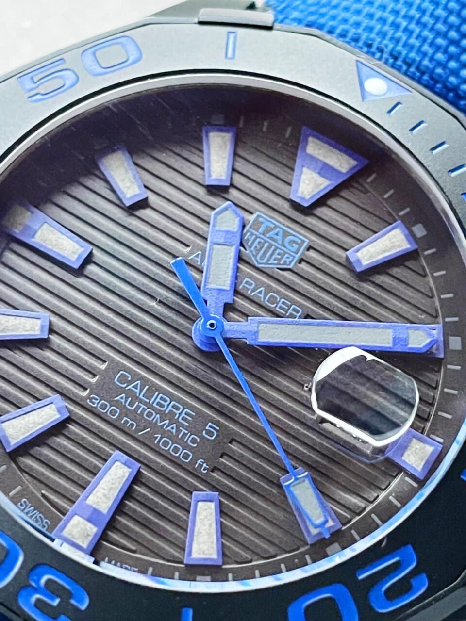 Aquaracer Calibre 43mm SS V6F Best Edition Black Blue Textured Dial Black Blue Ceramic Bezel on Blue Nylon Strap A2824 - Image 2
