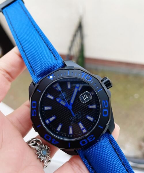 Aquaracer Calibre 43mm SS V6F Best Edition Black Blue Textured Dial Black Blue Ceramic Bezel on Blue Nylon Strap A2824