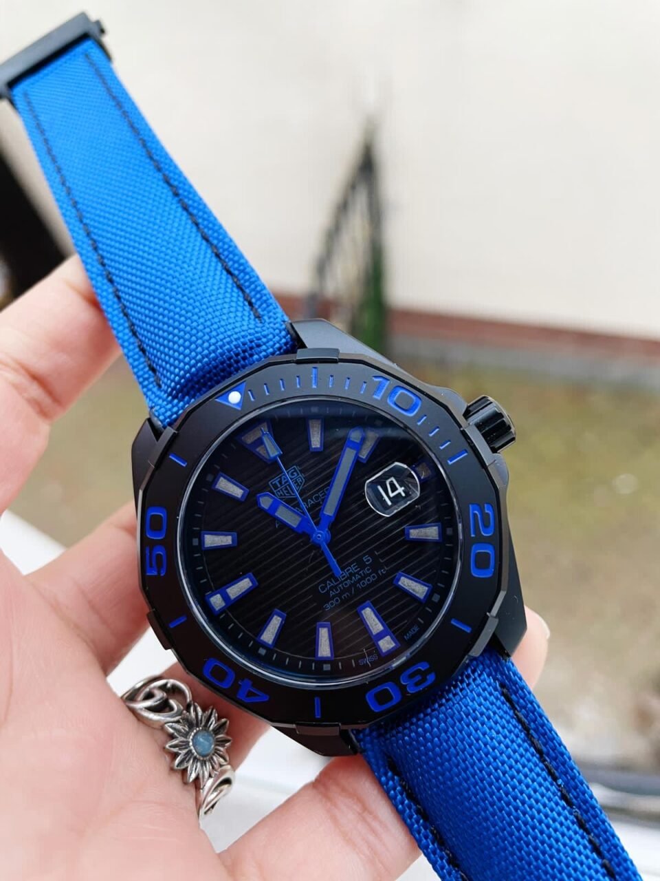 Aquaracer Calibre 43mm SS V6F Best Edition Black Blue Textured Dial Black Blue Ceramic Bezel on Blue Nylon Strap A2824