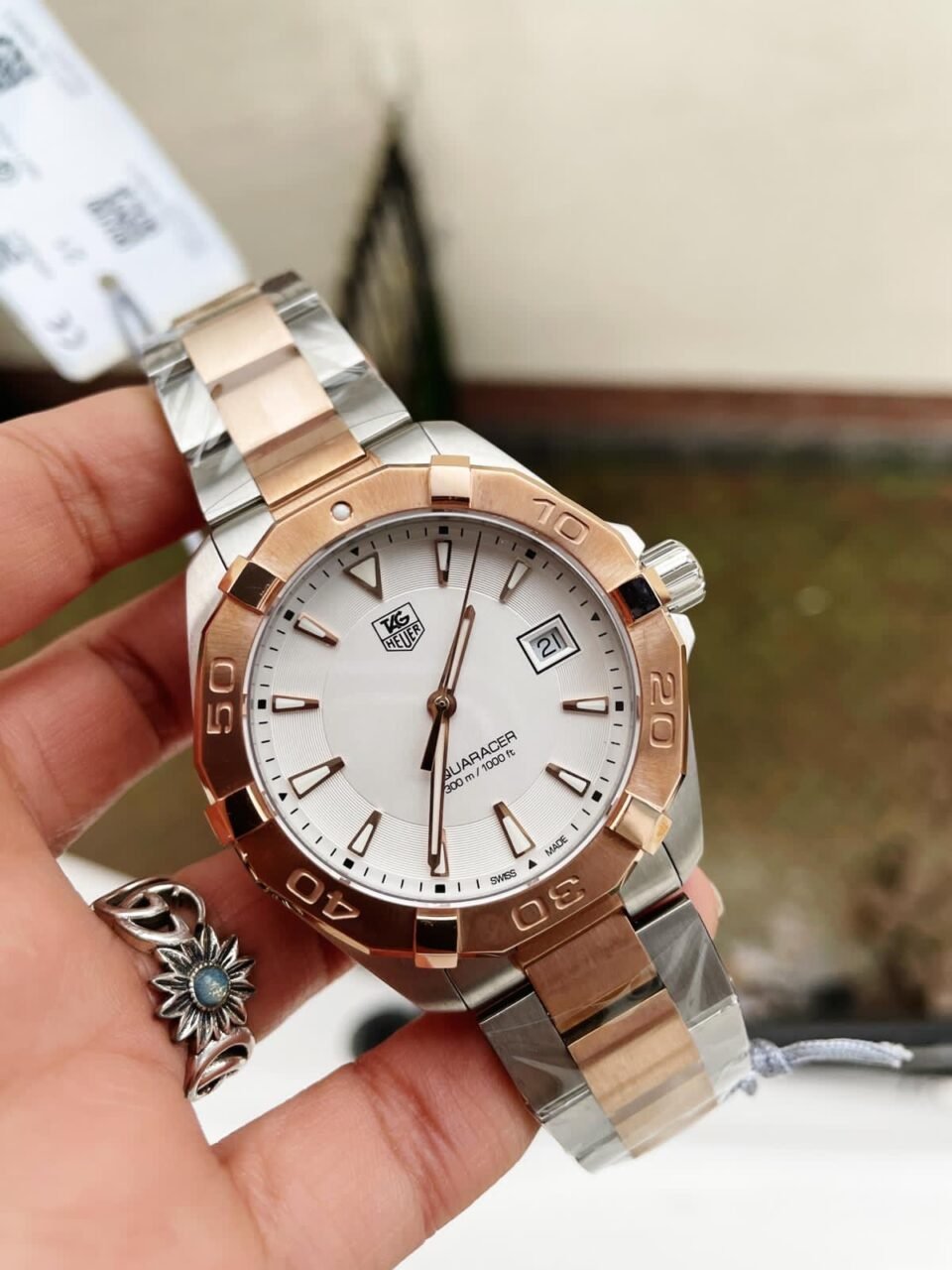 Aquaracer 41mm white face Stainless Steel RG bezel SS strap