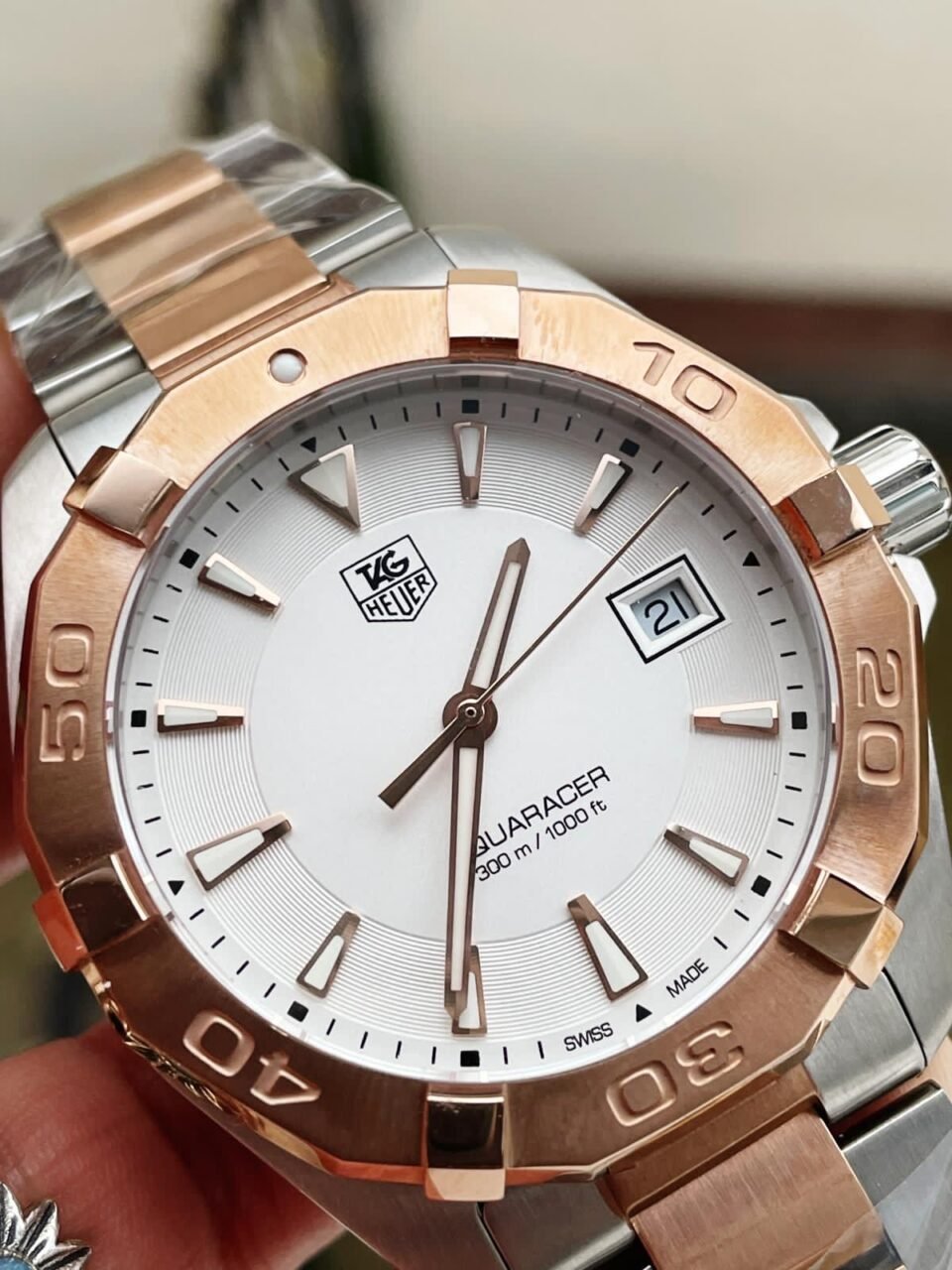 Aquaracer 41mm white face Stainless Steel RG bezel SS strap - Image 3