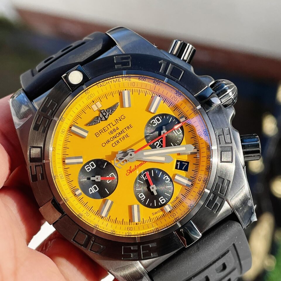 Chronomat 44mm Blacksteel GF 1:1 Special Edition Yellow Dial on Black Rubber Strap A7750 - Image 6