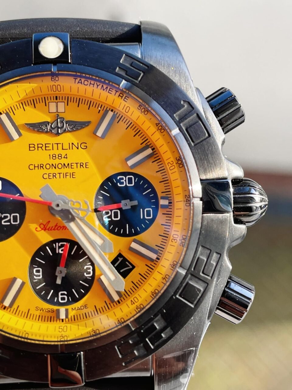 Chronomat 44mm Blacksteel GF 1:1 Special Edition Yellow Dial on Black Rubber Strap A7750 - Image 2