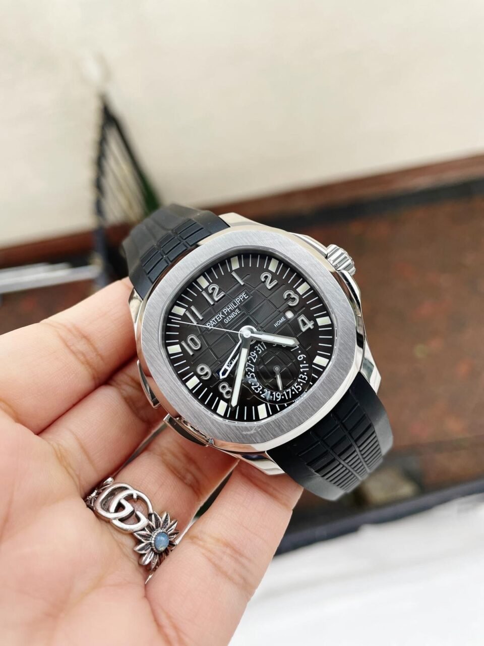 AQUANAUT 5164A SS GRF BEST EDITION BLACK DIAL ON BLACK RUBBER STRAP A324 V2