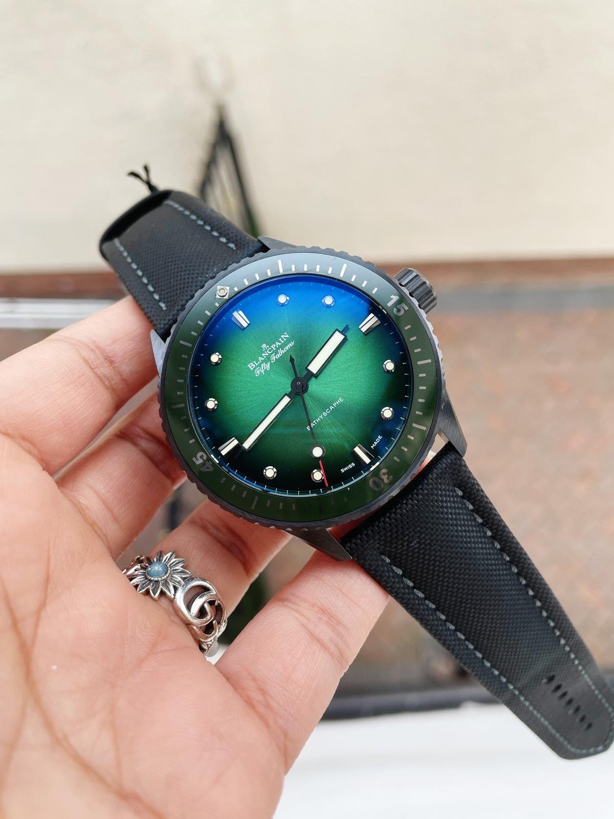 Fifty Fathoms Bathyscaph Green Ceramic ZF 1:1 Best Edition Green Dial on Black Sail-Canvas Strap A1315