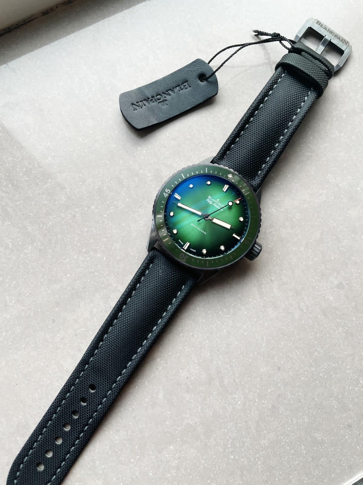 Fifty Fathoms Bathyscaph Green Ceramic ZF 1:1 Best Edition Green Dial on Black Sail-Canvas Strap A1315 - Image 4