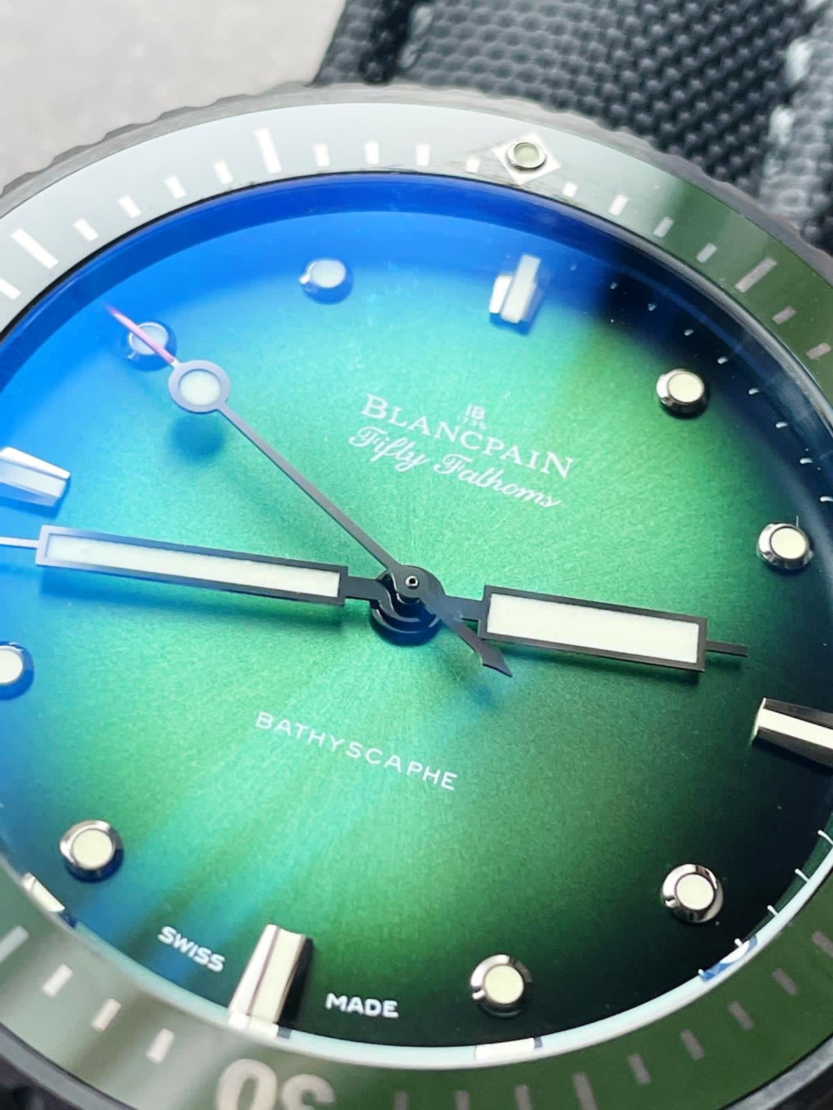 Fifty Fathoms Bathyscaph Green Ceramic ZF 1:1 Best Edition Green Dial on Black Sail-Canvas Strap A1315 - Image 6