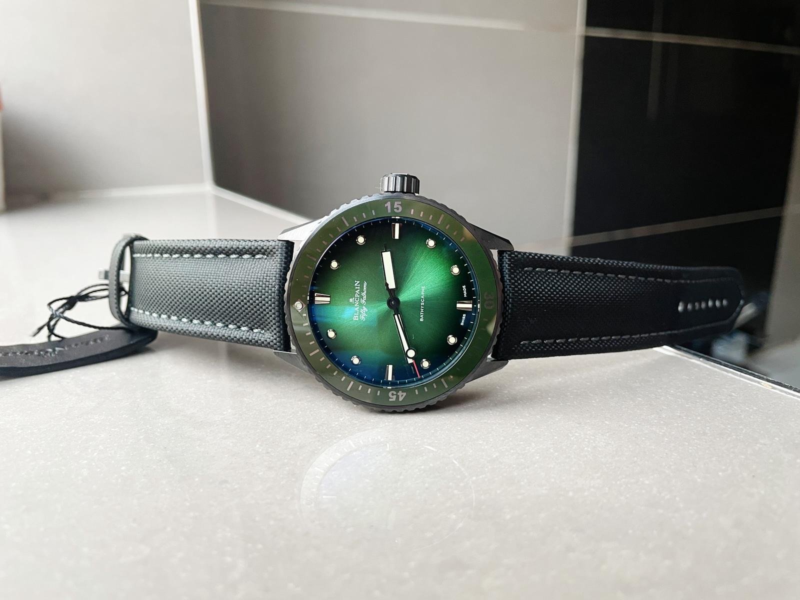 Fifty Fathoms Bathyscaph Green Ceramic ZF 1:1 Best Edition Green Dial on Black Sail-Canvas Strap A1315 - Image 3