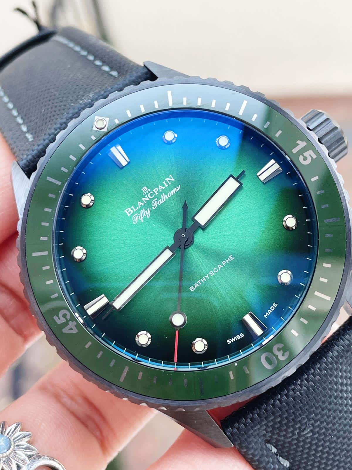 Fifty Fathoms Bathyscaph Green Ceramic ZF 1:1 Best Edition Green Dial on Black Sail-Canvas Strap A1315 - Image 7