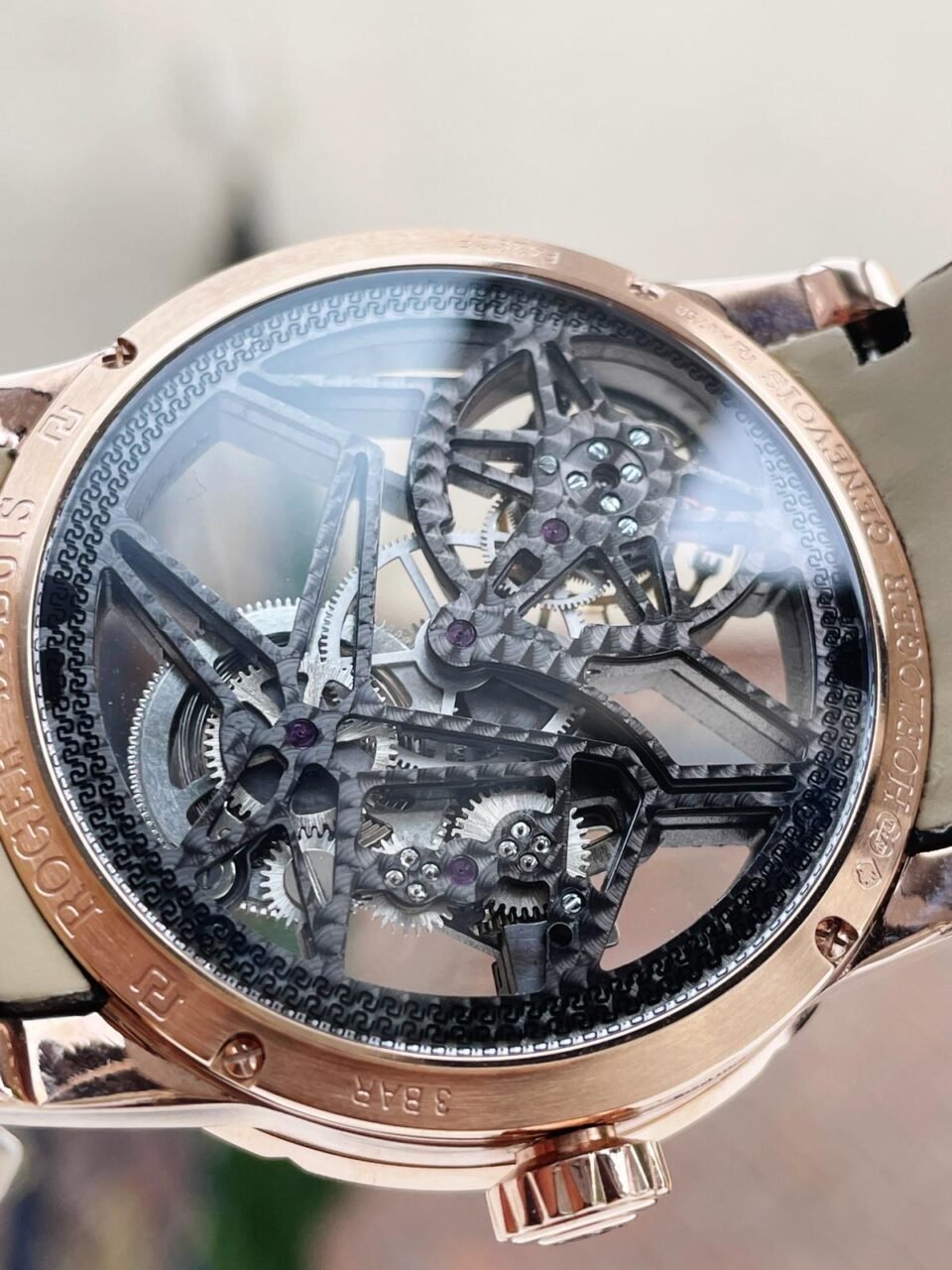 EXCALIBUR RDDBEX0393 RG CRYSTALS BEZEL BBR BEST EDITION SKELETON DIAL ON BROWN LEATHER STRAP A2136 TOURBILLON V2 - Image 5