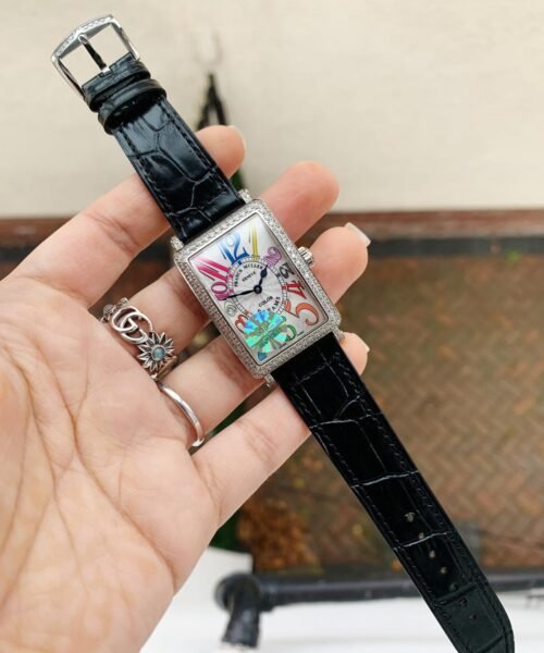 Long Island SS GF 1:1 Best Edition DIAMOND BEZEL White Dial Colourful Markers on BLACK Leather Strap Swiss Quartz