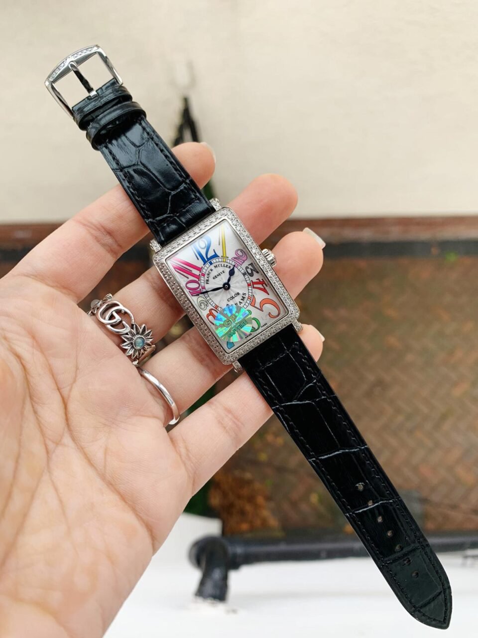 Long Island SS GF 1:1 Best Edition DIAMOND BEZEL White Dial Colourful Markers on BLACK Leather Strap Swiss Quartz