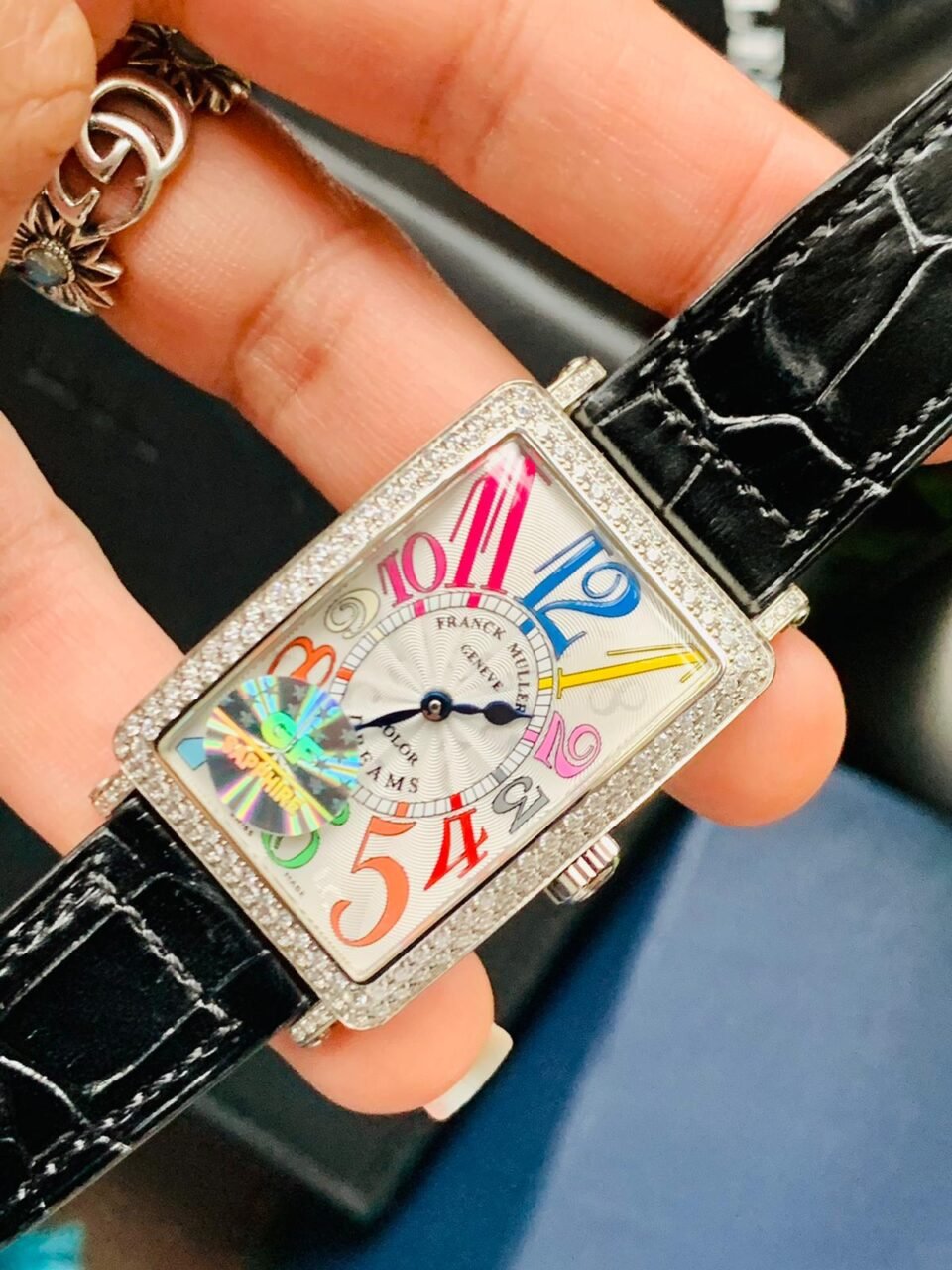 Long Island SS GF 1:1 Best Edition DIAMOND BEZEL White Dial Colourful Markers on BLACK Leather Strap Swiss Quartz - Image 2