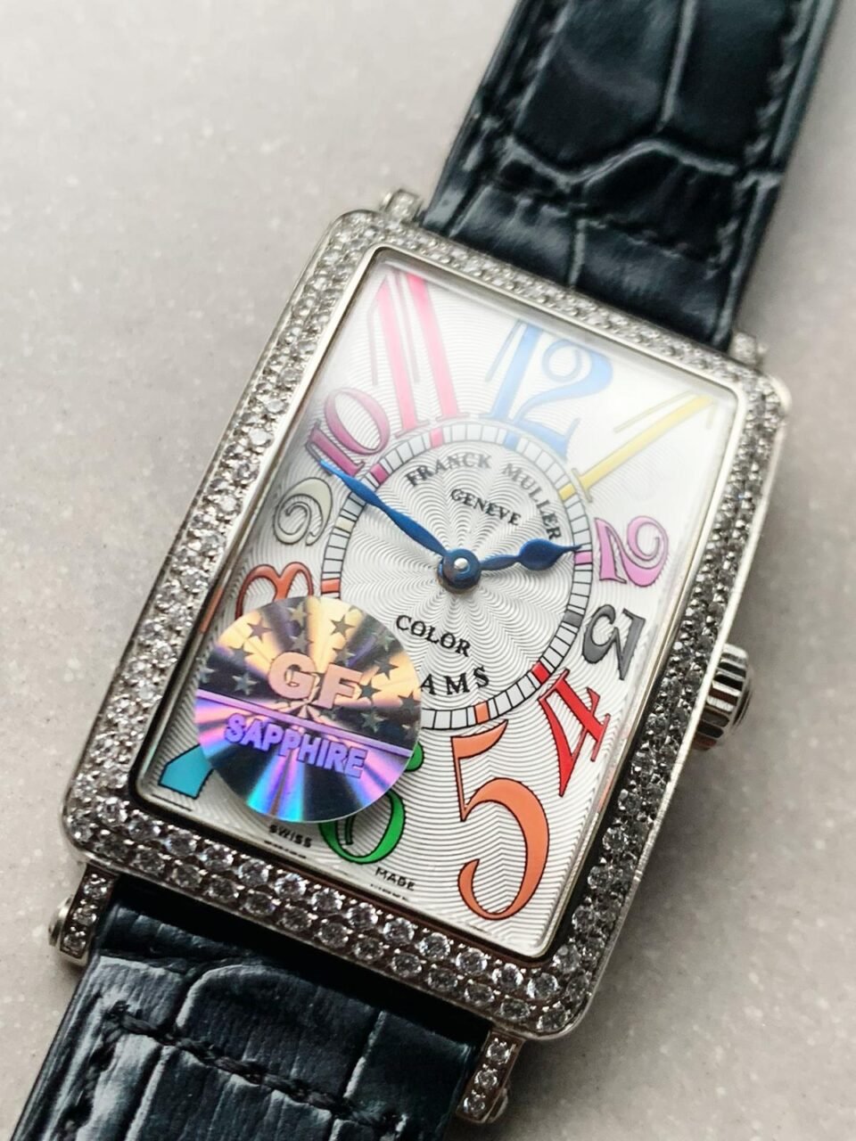 Long Island SS GF 1:1 Best Edition DIAMOND BEZEL White Dial Colourful Markers on BLACK Leather Strap Swiss Quartz - Image 4