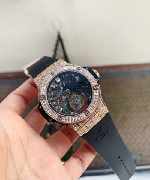 Big Bang Tourbillon Automatic ICED OUT 18K GOLD PLATED Textured Dial on Black Rubber Strap